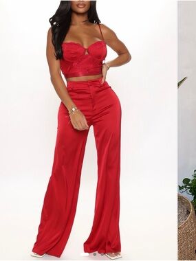 Red Satin Wide-Leg Pants - Women's Pants & top set